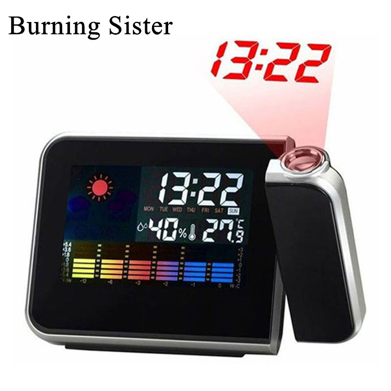 Digitale wekker met projector, kleurenscherm, projectie, bureauklok, multifunctioneel weer, kalender, tijdhorloge