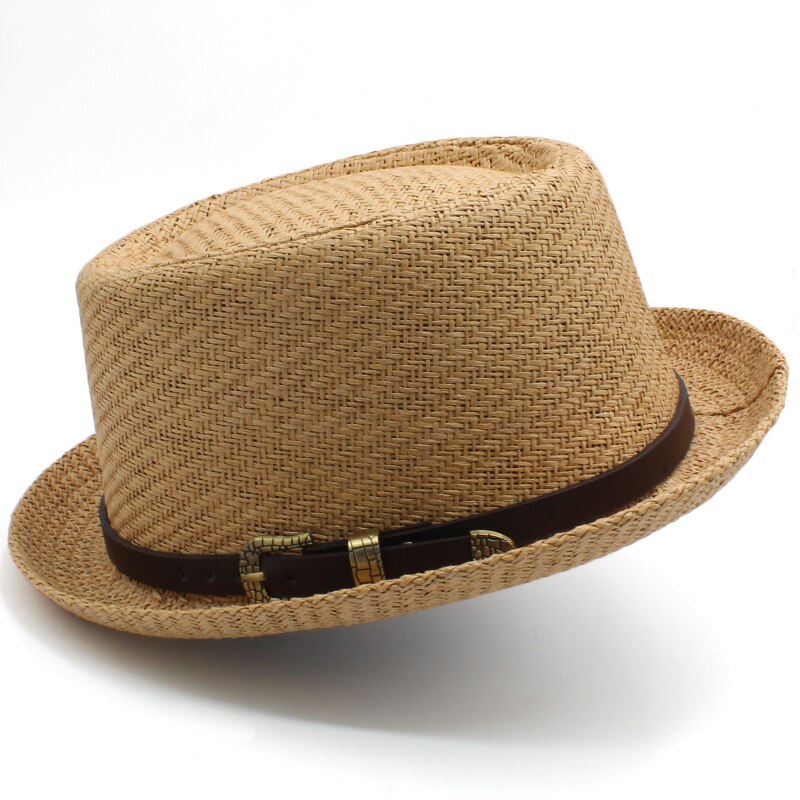 Sombreros de paja para hombre y mujer, Sombrero de paja con de tarta de cerdo, estilo veraniego, Sombrero marinero para playa, Fedora, Trilby, para viajes al aire libre, talla de EE. UU. 7, 1/4, Reino Unido, L: Caqui