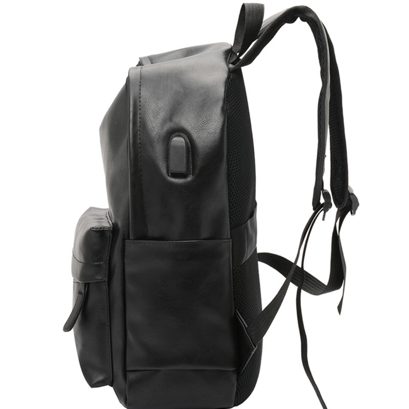 Mochila masculina casual de couro pu, bolsa de ombro para homens, viagem, preta, para adolescentes, com carregamento usb, anti-roubo