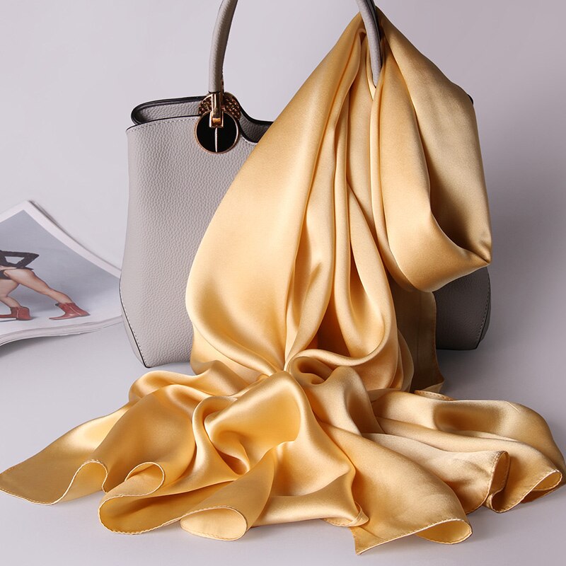 Natuurlijke Echte 100% Zijden Sjaal Vrouwen Luxe Zijde Sjaals Wraps Solid Pure Zijde Satijn Lange Sjaals Hijaabs 175x55cm: Yellow