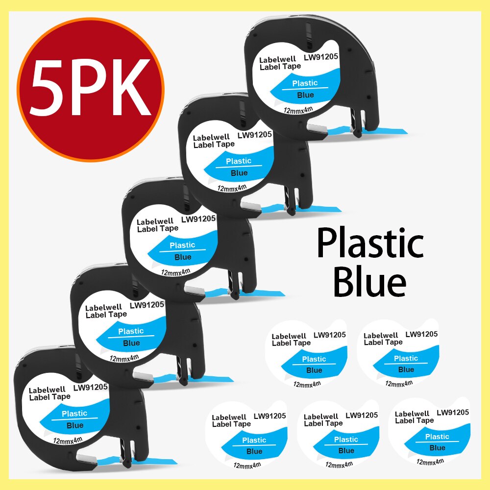 Labelwell 7PK 91202 91222 91332 plastikowa etykieta dla Dymo LT 12mm taśmy LT 91201 91200 91203 91204 12267 dla Dymo LetraTag LT-100H: 5PK 91205 Blue