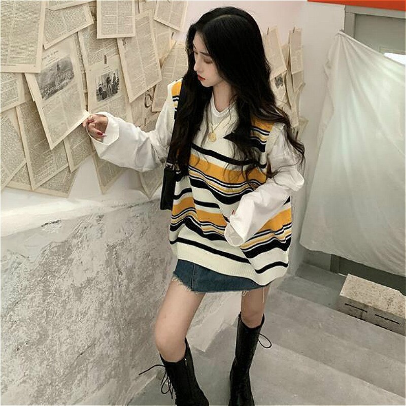 Kamizelka damska swetry na drutach popularny stylowy bez rękawów prosty Model w paski niebieski wypoczynek wiosna dopasowanie luźno projekt odzieży urok