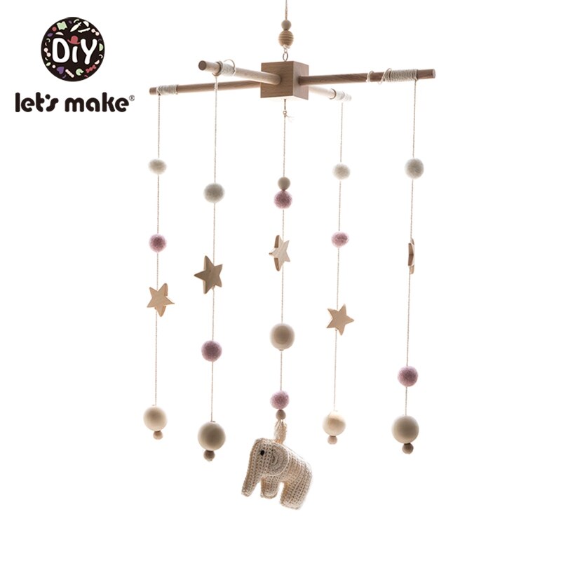 Let's Maken Houten Baby Bed Speelgoed Wieg Mobiele Baby Kamer Kinderwagen Muziek Baby Vilt Wol Bal Rammelaars Houten Bijtring speelgoed: Beige Elephant