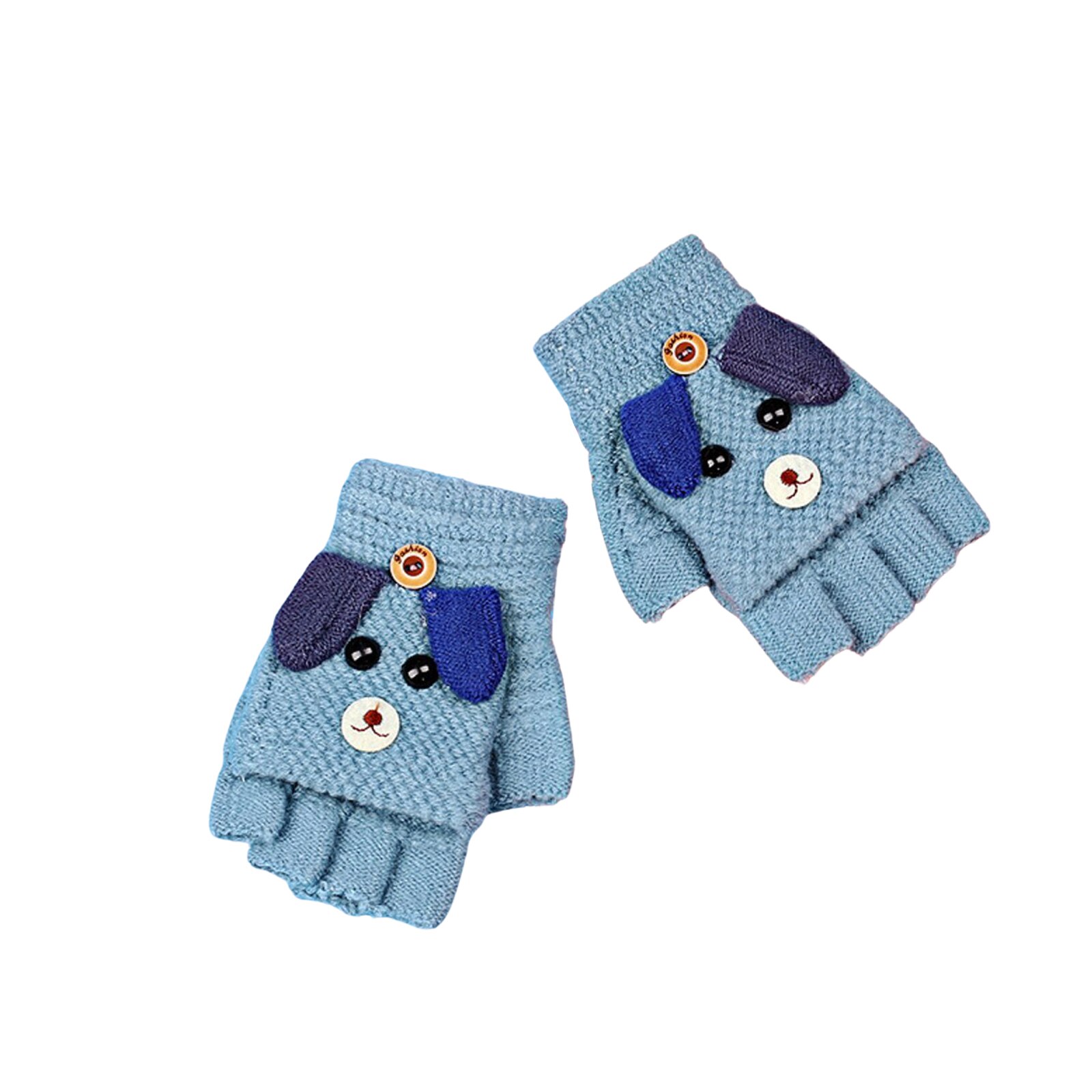 Kids Winter Warm Fingerless Mittens, Cute Cartoon Puppy Convertible Flip Top Gloves with Button for Baby Boys and Girls: Blue