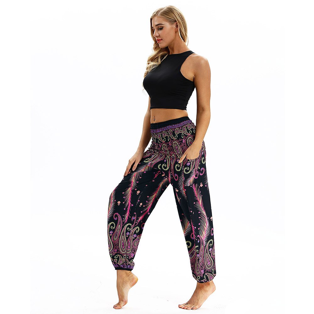 Heren dames losse harembroek dames heren bohemien casual print hippie lange broeken wijde pijpen zomer baggy broek #40: Paars