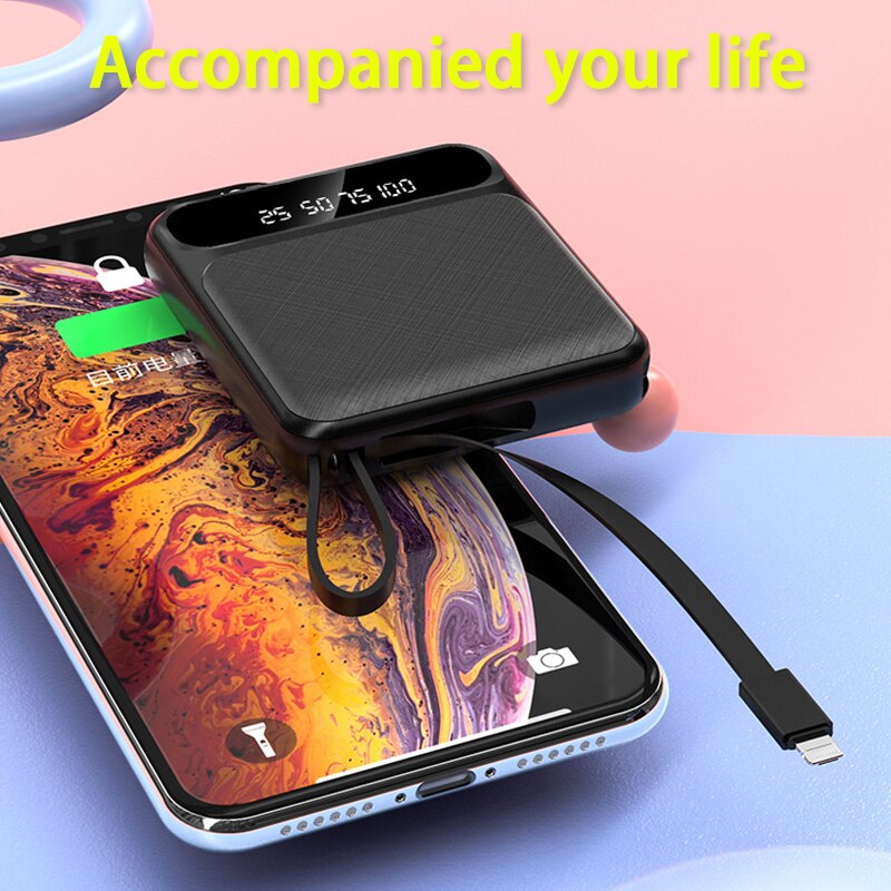 Mini Power Bank 20000Mah Ingebouwde Kabel Voor Android Ios Type-C Adapter Led Zaklamp Met Digitale Display draagbare Powerbank