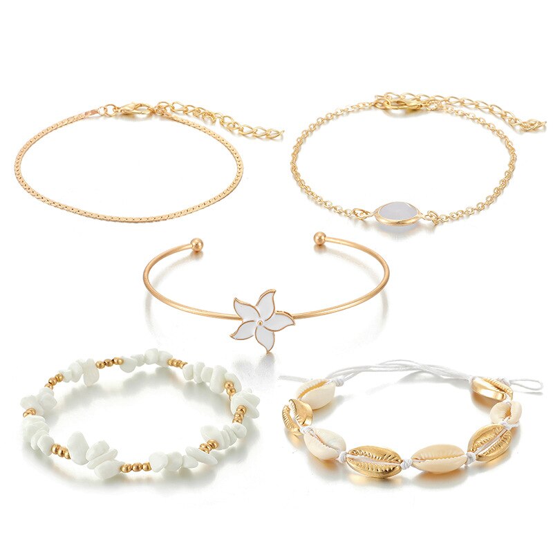 DIEZI, Nuevos Bohemios de , juegos de brazaletes chapados en oro blanco con flor para mujer, pulseras de cristal hechas a mano de Cuentas de concha, brazaletes, joyería