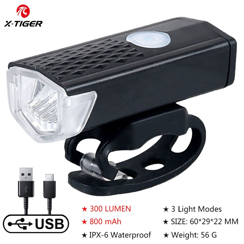 Luz LED X-TIGER para bicicleta, linterna frontal para bicicleta de montaña y carretera, recargable vía USB, resistente al agua: QD-0101