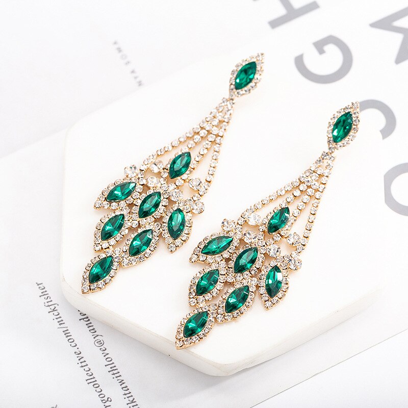 Grote Kristallen Oorbellen Elegante Dame Mode Bruiloft Sieraden Strass Oorbel Voor Vrouwen Prom Party Sieraden Accessoires: green