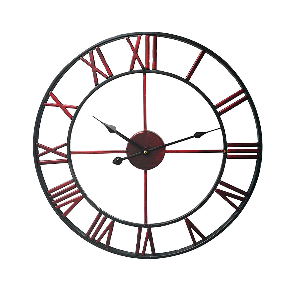 Atmospheric simple retro metal wrought iron clock wall clock modern living room cafe quiet decoration quartz clock: Red