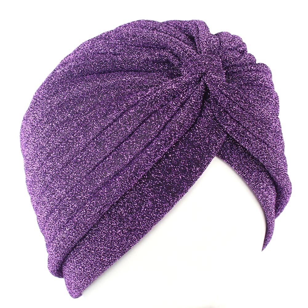 Snoet turban kasket kvinder mænd skinnende muslim hijab kvinde guld sølv glitter hovedtørklæde afslappet ensfarvet indisk hat: Lilla