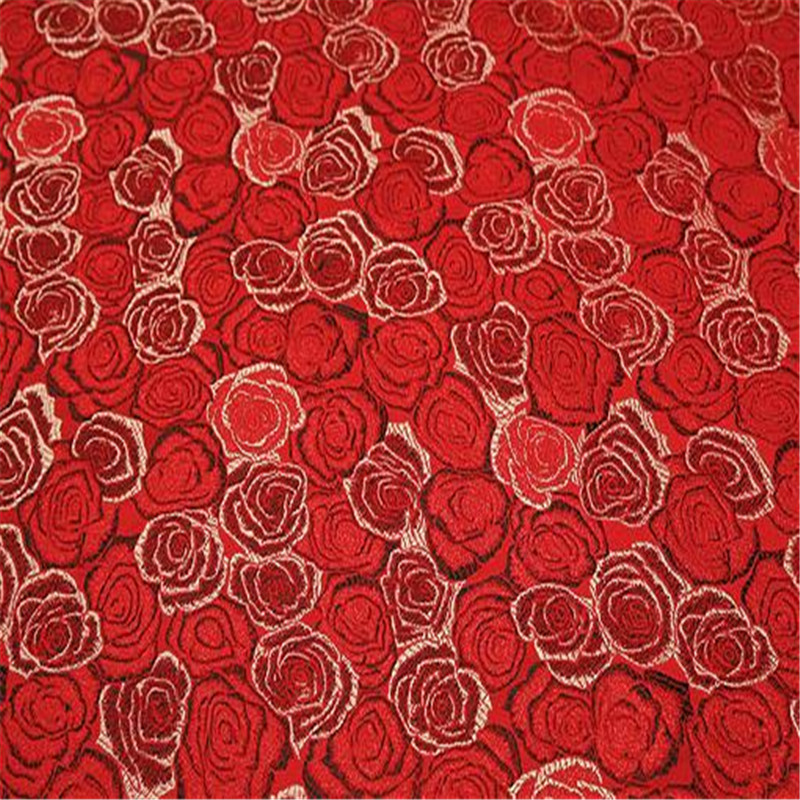 Tela de brocado de poliéster con de rosas rojas, tejido de Jacquard con estampado Floral para vestidos de novia y boda