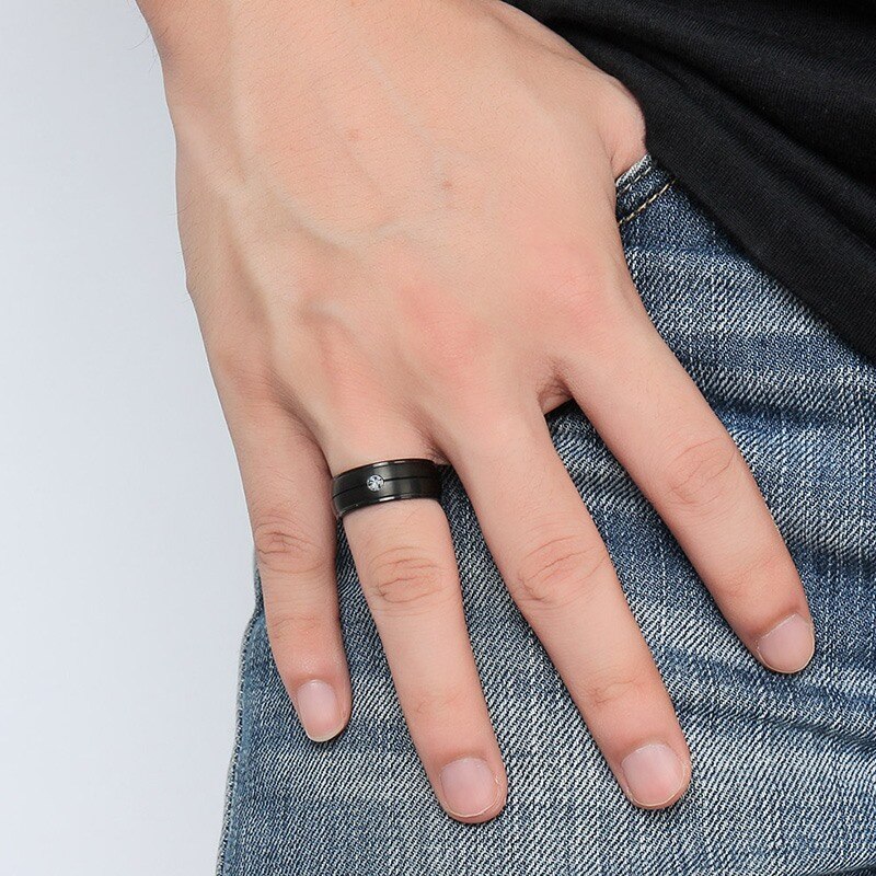 VNOX Men's Punk Pure Titanium Black Ring 8mm Matte Wedding Bands with CZ Stone Titanium Rings Men Jewelry