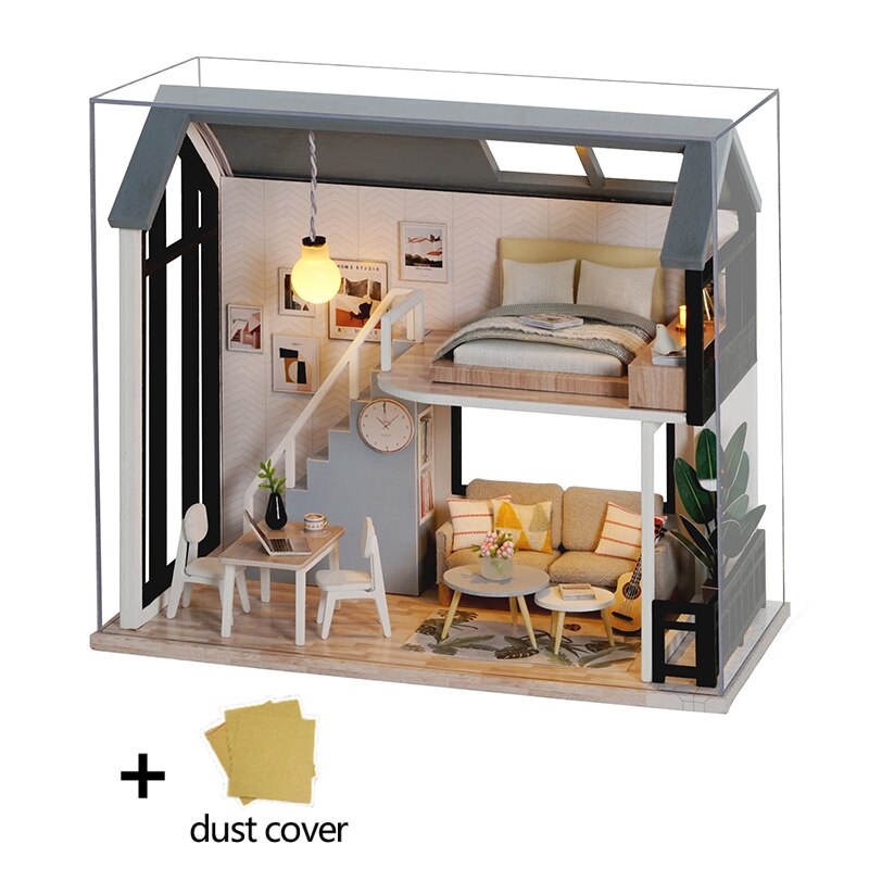 Dukkehus miniature gør-det-selv-model dukkehus med møbler amerikansk retrostil træhus håndlavet legetøj skov gange  z007 # e: Ql002 med låg