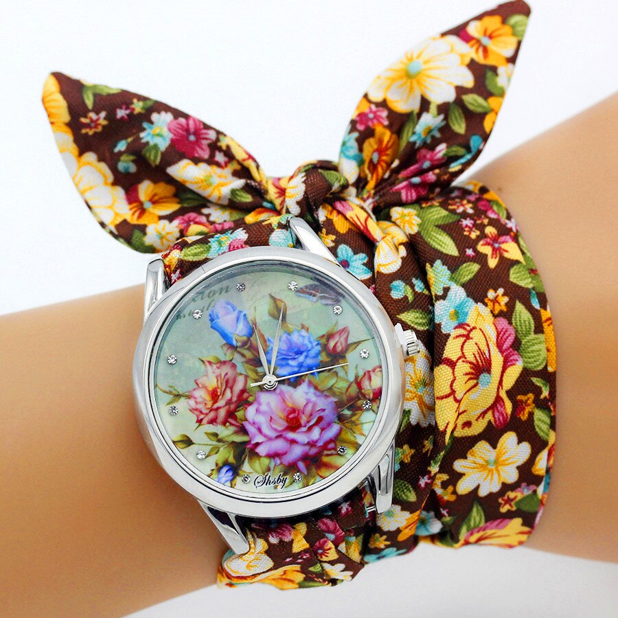 Shsby – montre-bracelet en tissu pour femmes, , motif floral, tendance, bonne , jolie montre pour filles: silver 01