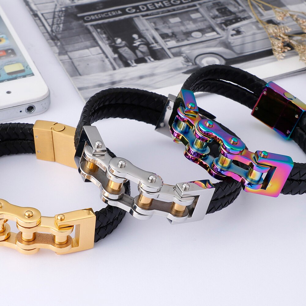 Hip-Hop Biker Sieraden Gevlochten Lederen & Goud Kleur Roestvrij Stalen Armband Mannen Motorfiets Chain Heren Armbanden