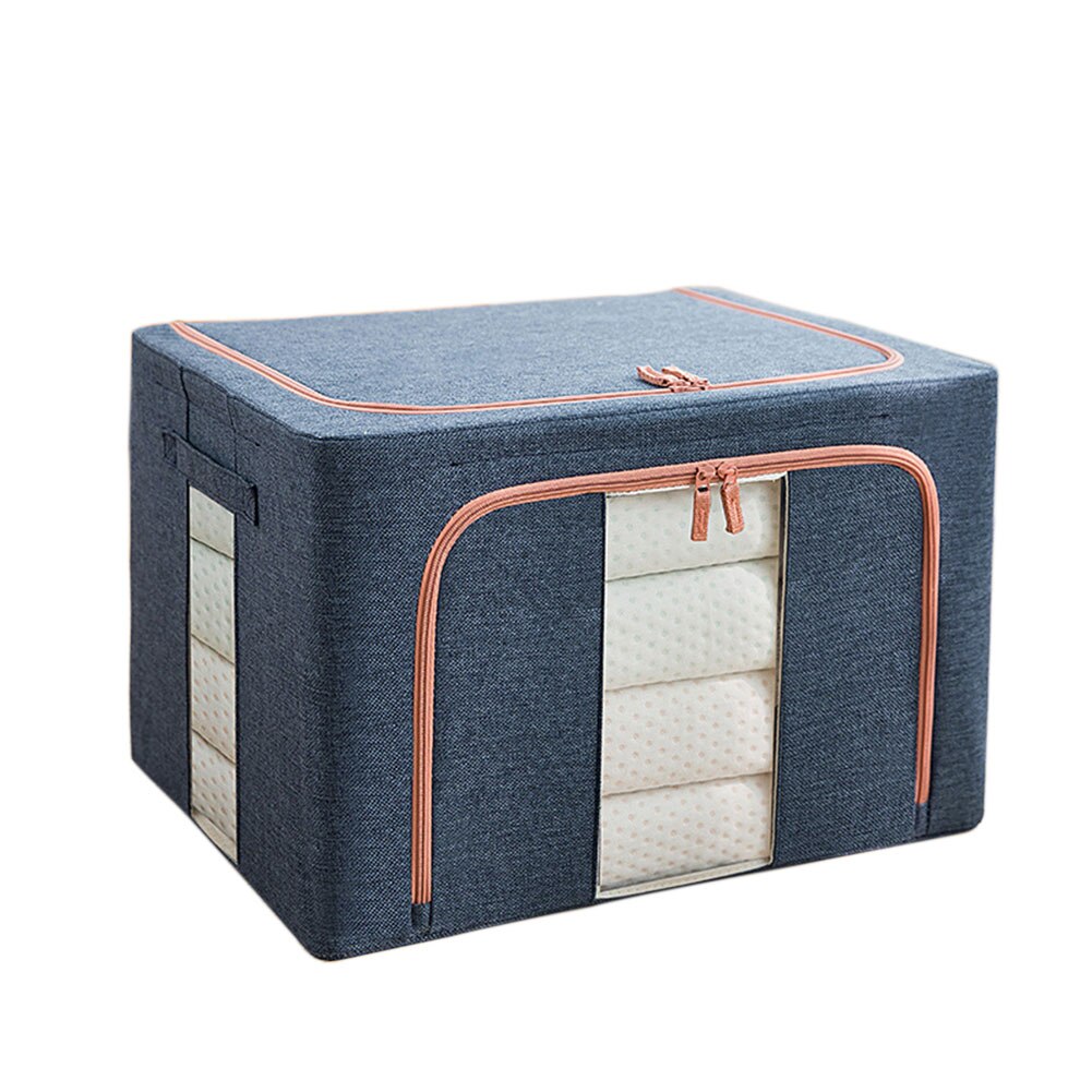 Home Sweater Clothes Storage Box Organizer Zipper Wardrobe Quilt Cotton Linen Portable Large Capacity Folding Steel Framework