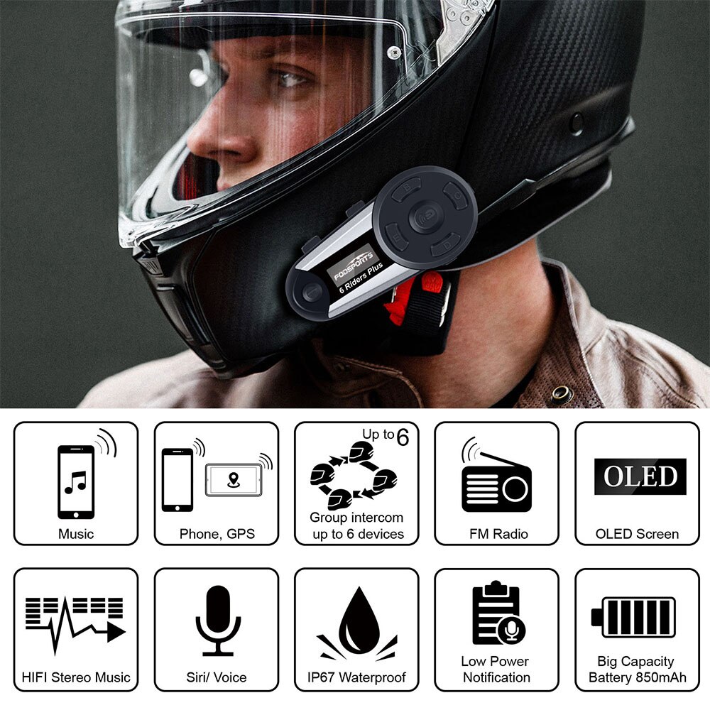 1 Pc Fodsports V6 Plus Moto Rcycle Helm Headset Intercom 6 Riders 1000M Draadloze Bluetooth Interphone Intercomunicador Moto Fm