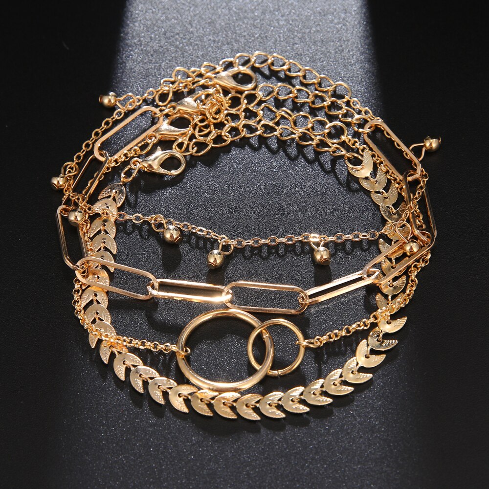 4 Stks/set Vintage Cirkel Grijpende Fishbone Ketting Armband Set Voor Vrouwen Punk Geometrische Dikke Ketting Armband Mode-sieraden