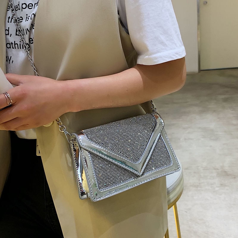 Diamant paillettes rabat carré paquet été nouvelle en cuir PU femmes concepteur sac à main chaîne épaule sacs de messager