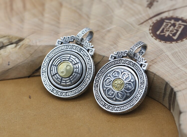 100% 925 Silver Tibetan OM Mani Padme Hum Pendant vintage thai silver Fengshui Yinyang pendant Buddhist OM Mantra pendant