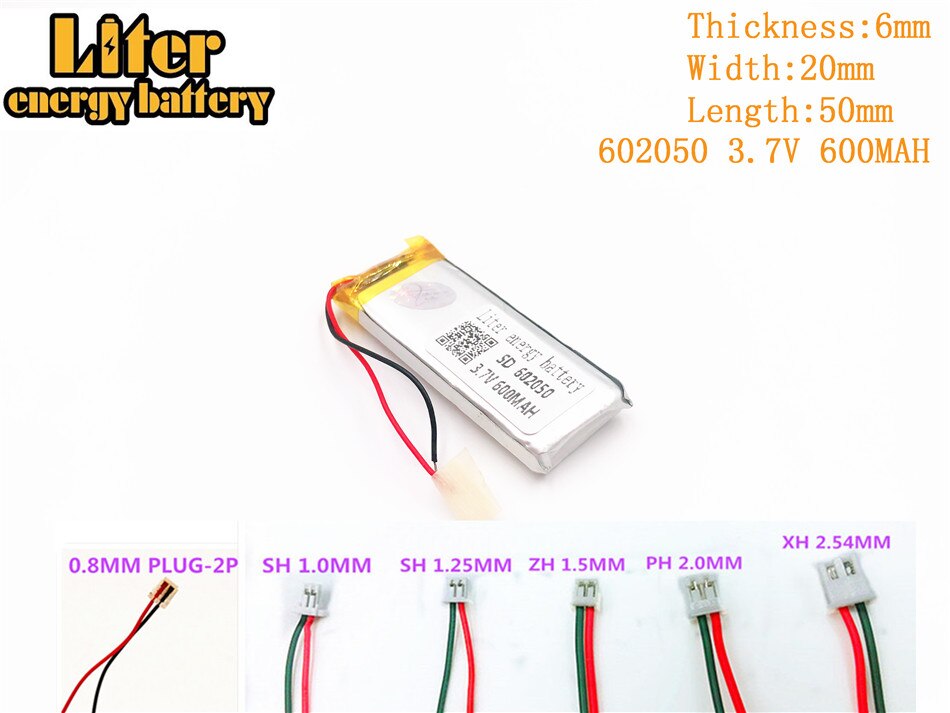 Liter energie batterij 3.7 V 600 mAh 602050 plug Lithium Polymer Oplaadbare Batterij Voor MP3 MP4 MP5 Lithium polymeer batterij