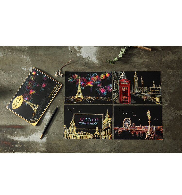4pcs/Set Postcard Style City Night Scene Scratch Painting Colorful Scratch Painting Set Children's Stationery: 4
