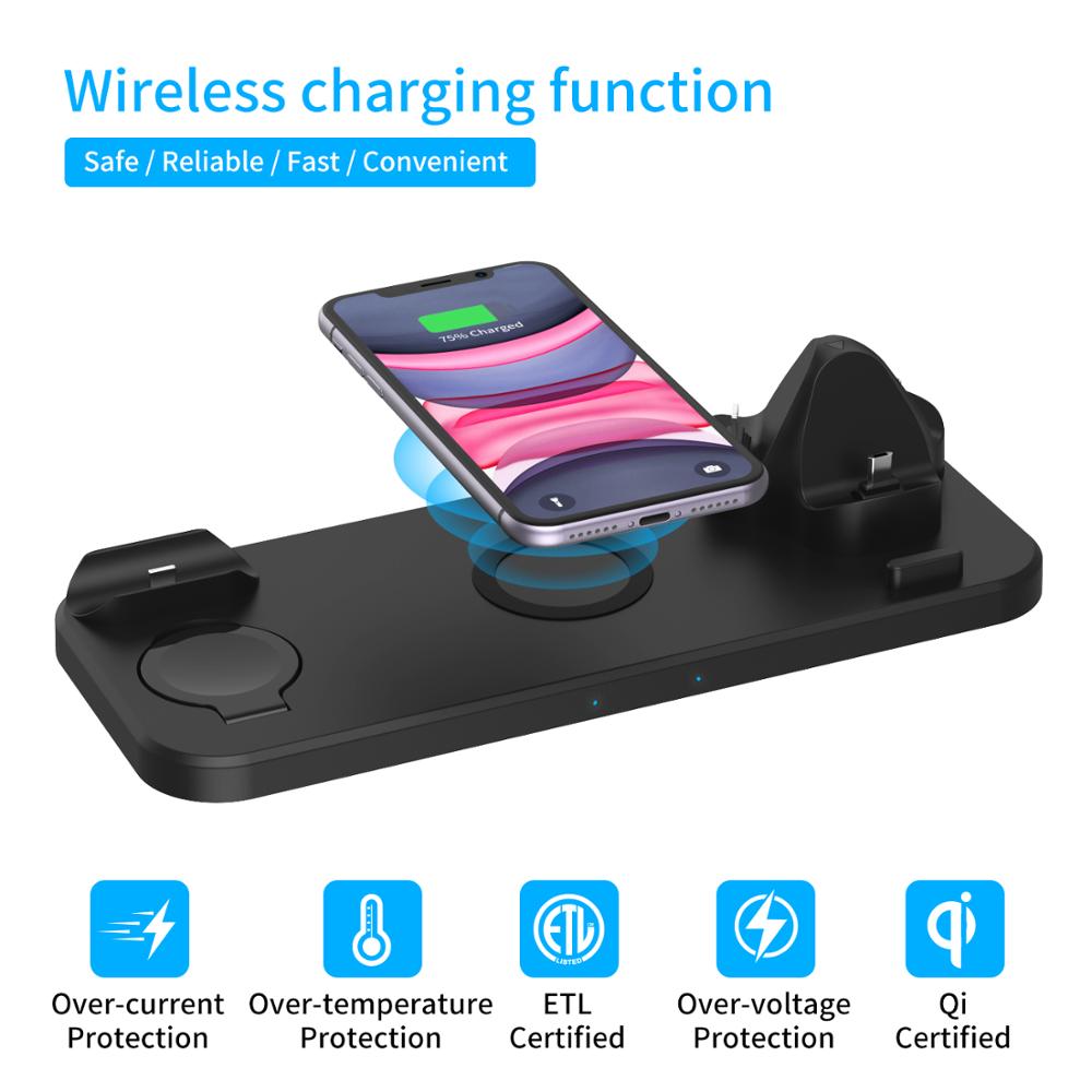 6 in 1 kabelloses ladepad mit qi-induktions-schnellladefunktion für apple watch 6 5 4 3 , airpods pro, iphone 12 pro /11/ xr/xs/x /8