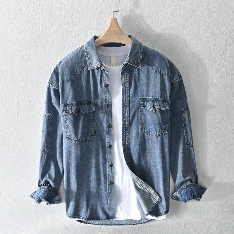 2022 Vintage Denim Shirts For Men Casual Long Sleeve Shirt Male Tops Camisa Hombre Laple Blouse Button Up Shirt Jacket: M