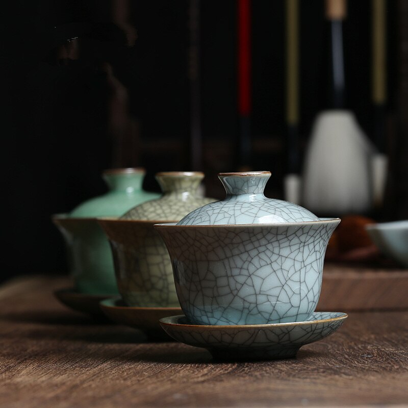 Geyao crackle glaze porselensterrin brother ovn keramisk gaiwan kopp bollesett merket dekkede boller kopp tallerken 150ml på kinesisk