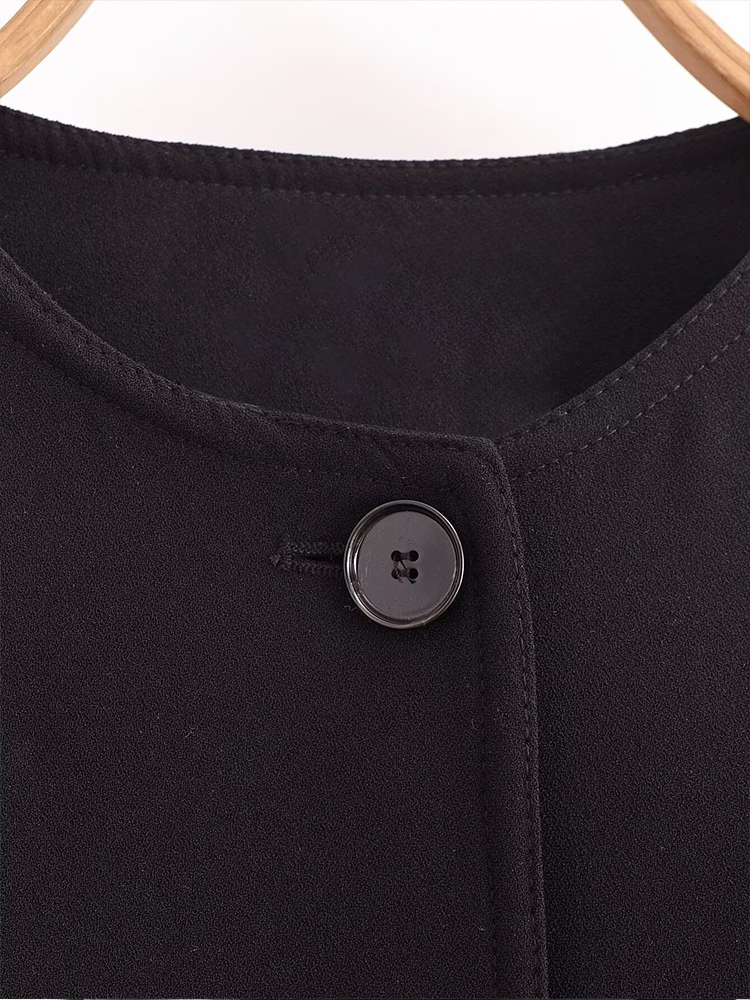 2024 autunno e inverno nuova moda donna semplice nero allentato girocollo tasca giacca corta cappotto