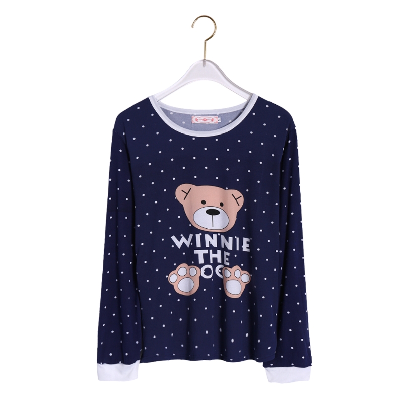 Women Long Sleeve Bear Print Tops And Pants Wave Point Pajamas Set Sleepwear JUN14