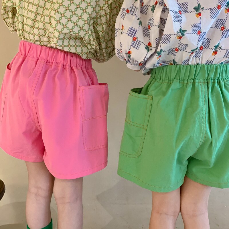 Pantalones cortos holgados de algodón para niñas, shorts informales con bolsillos grandes laterales, estilo coreano