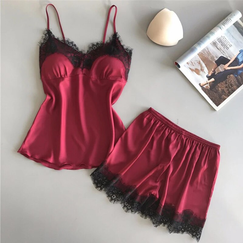 Traje de pijama para mujer, picardías de satén elástico con cuello en V, lencería Sexy de encaje, pijamas con lazo, pantalones cortos para dormir, conjunto de ropa de dormir nueva: XXL / Oro