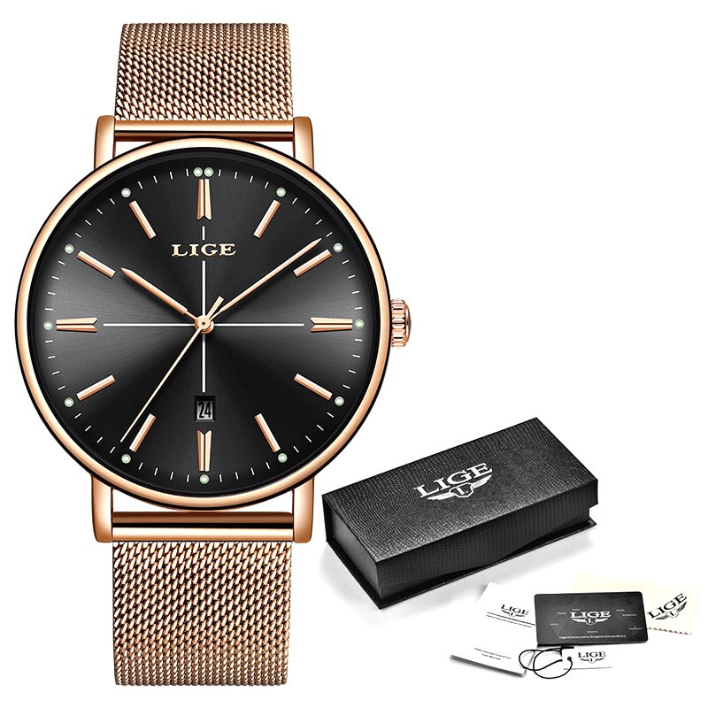 LUIK Vrouwen Horloges Rvs Mesh Riem Horloge Eenvoudige 13mm Ultra-dunne Quartz Klok Horloges voor Vrouwen: Rose gold black