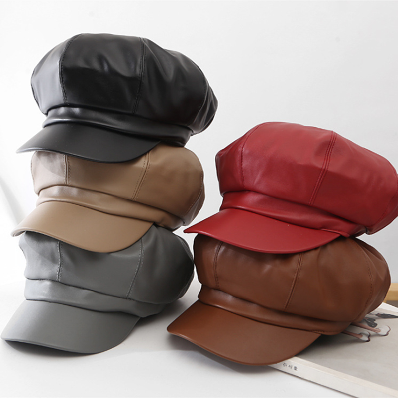 Gorras de piel sintética de Color liso para mujer, gorros octogonales, casuales, Vintage, unisex