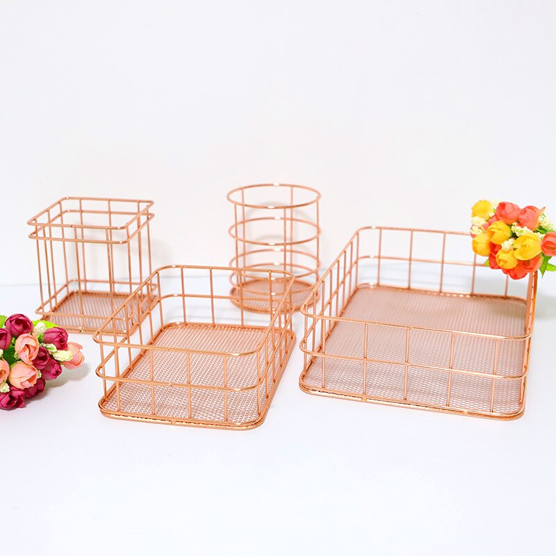 Panier de rangement nordique en fer forgé porte-stylo, panier de rangement en fond de bureau en métal, or Rose, papeterie et finition