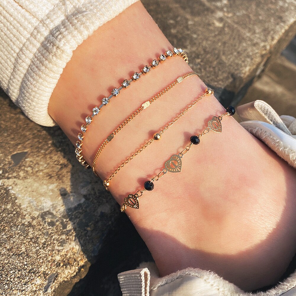 EN – Bracelet de cheville rétro pour femmes, ensemble de 4 pièces, goutte d'eau, perle, cœur, paillettes, style bohème, bijoux de plage, à la: ENS20014094