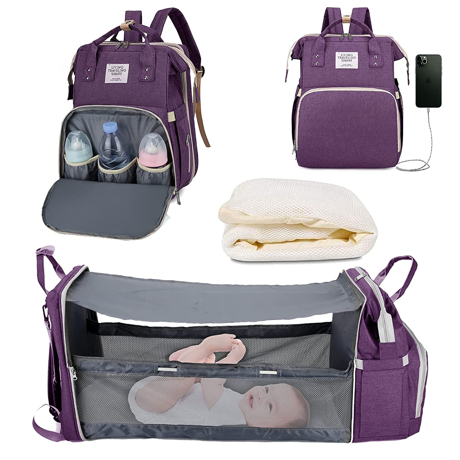 Bolsa de pañales 3 en 1, mochila con cuna plegable automática, portátil, impermeable, de gran capacidad, con puerto USB: 3