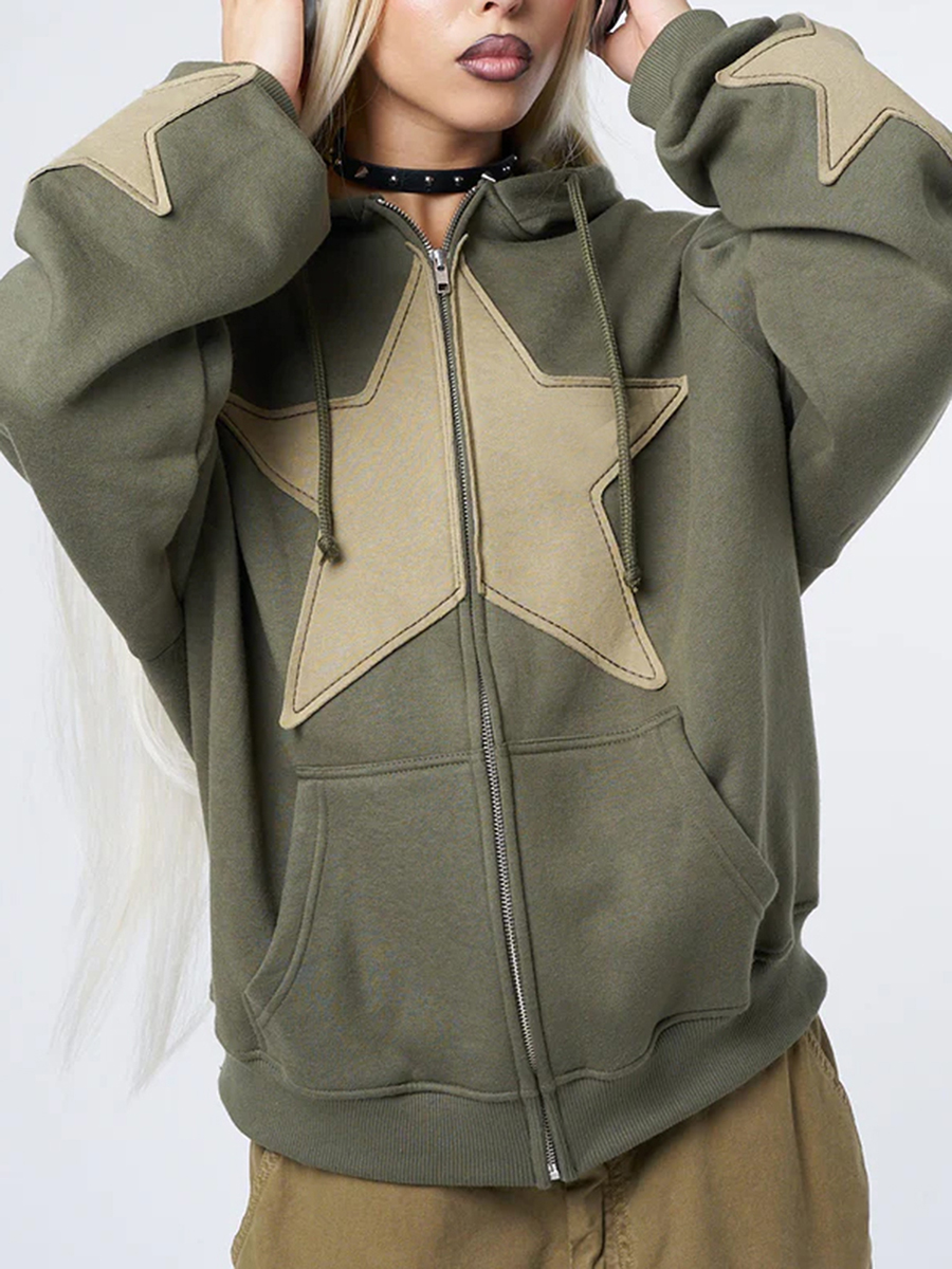 Y2K-Sudadera con capucha con estampado de estrellas Vintage para mujer, sudaderas informales holgadas de manga larga con cremallera y cordón, abrigo de calle para otoño y primavera