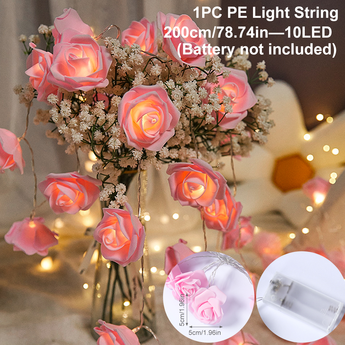Guirnalda de luces LED con forma de rosa de 2m y 10LED, decoración de boda y cumpleaños, del Día de San Valentín, decoración de árbol de Navidad para el hogar y al aire libre: Amarillo fluorescente