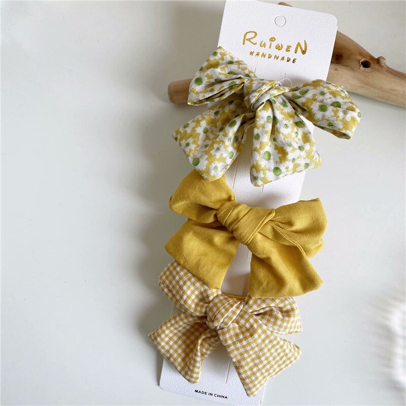 Koreaanse Stijl Bloemen Plaid Doek Baby Meisjes Strik Haarspeld Prinses Leuke Peuters Kinderen Hoofddeksels Accessoires 3 Stks/set: yellow