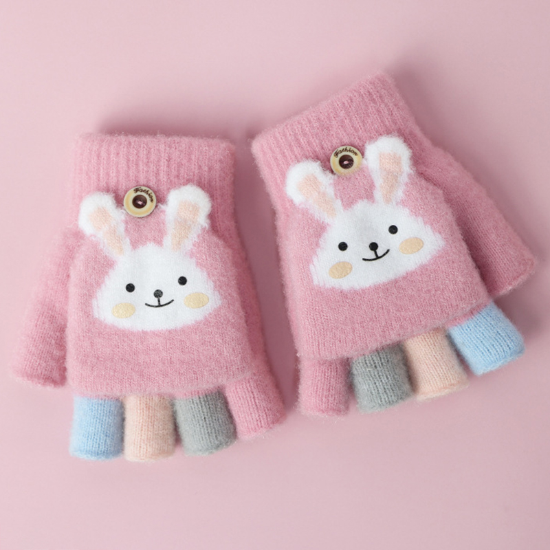 Kids Winter Warm Thicken Handschoenen Meisjes Zachte Half Vinger Cover Dier Vingerloze Handschoenen Outdoor Warme Wanten Handschoenen Voor Kids 5-12Y: rabbit pink