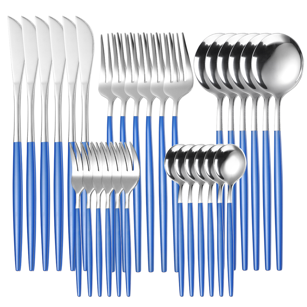Couverts en acier inoxydable, 30 pièces, service de table en or, vaisselle en acier inoxydable, fourchette en or, cuillère couteau, service d'argenterie de luxe pour Banquet: 30Pcs Blue Silver