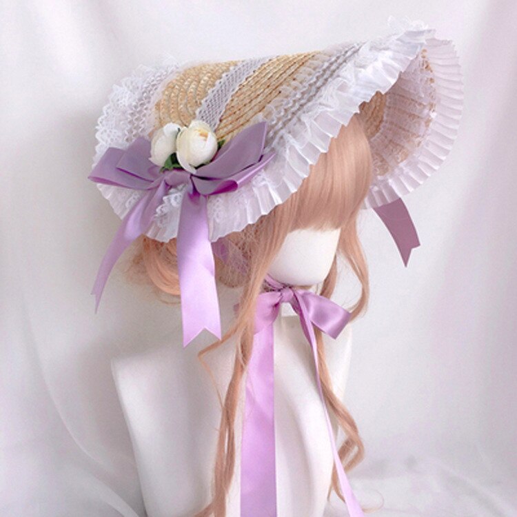 Chapeau de paille Lolita pastorale, fait à la main, doux, dentelle à volants, ruban de coupe, , fête de thé, Cosplay Floral, béret Lolita: A-4