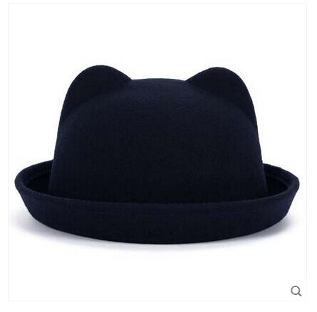 Girls Children Fedoras Hat Spring Bowler Hat Roll Brim Dome Top Hat Devil Horns Cat Ear Felt Wool Sun Hat Good Package 20: Navy Blue