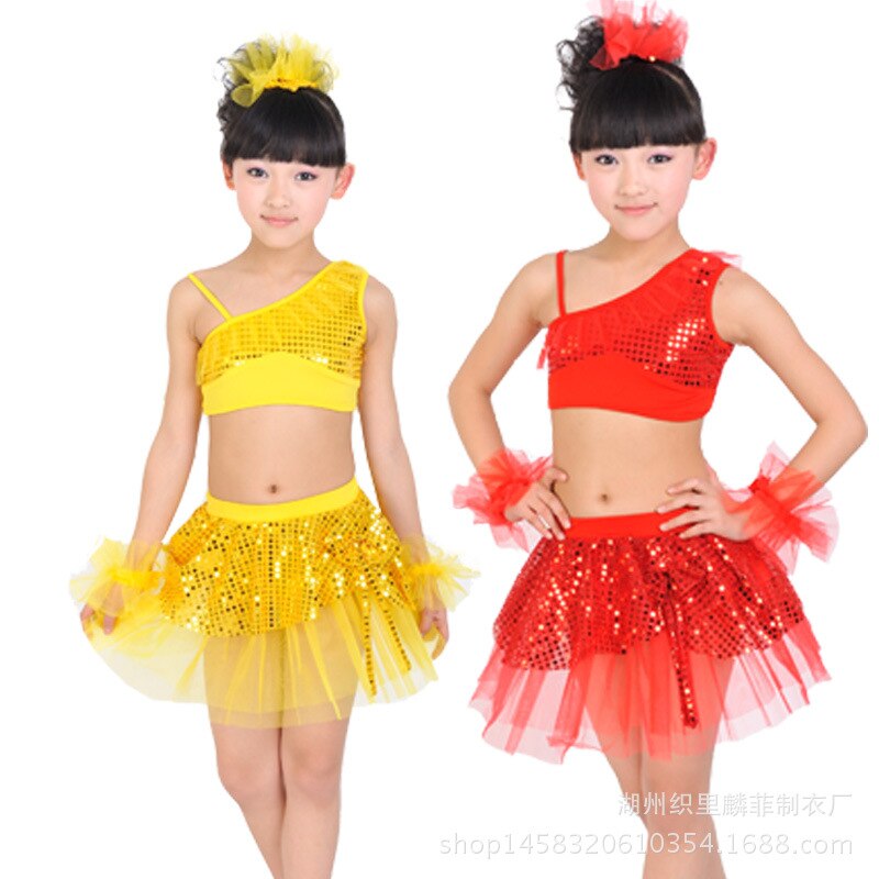 children in stage costumes of Latin dance modern split skirt dance dress sequins