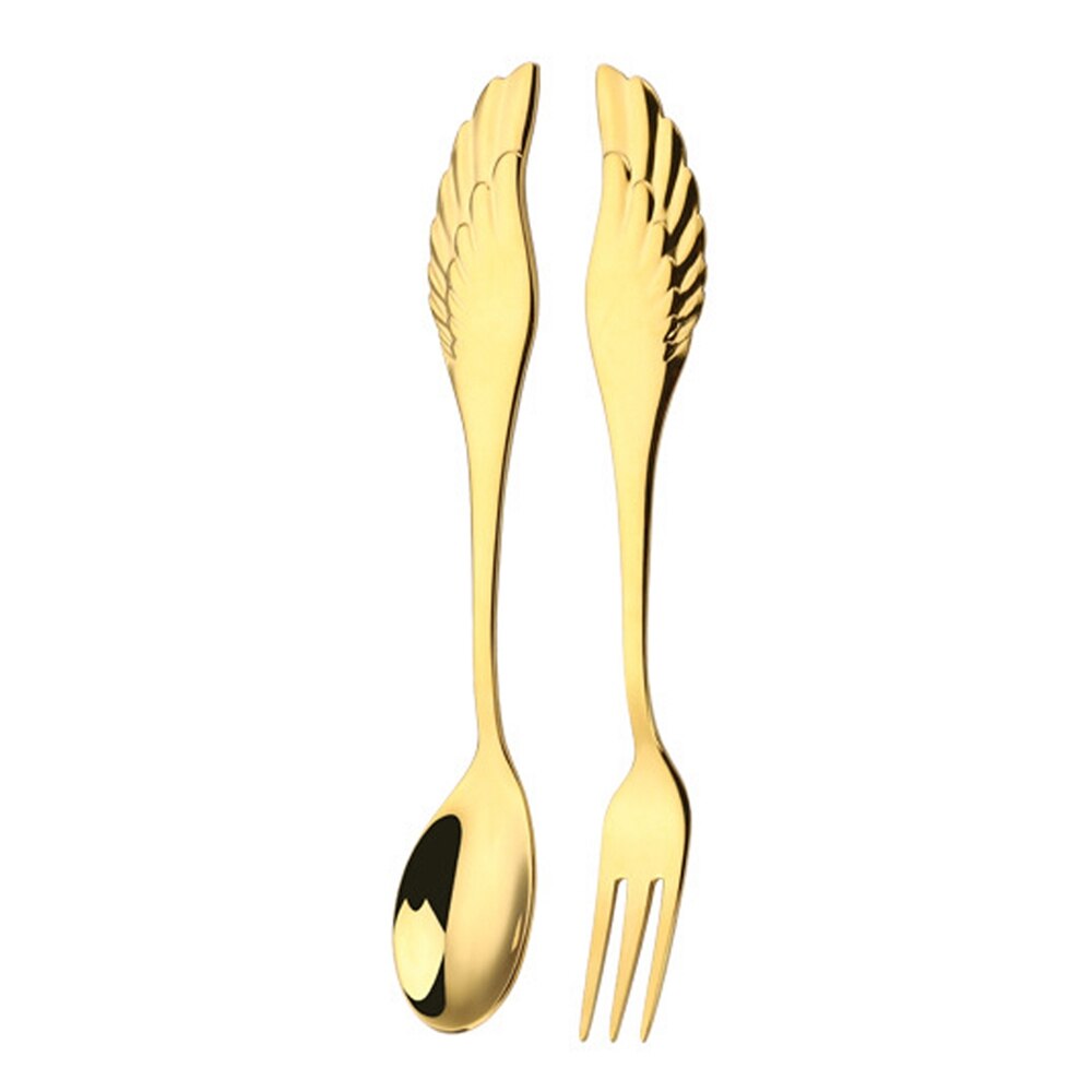 2 Stuks 304 Rvs Angel Wing Koffie Lepel Dessertlepel Fruit Vork Bestek Set: 2pcs Gold set