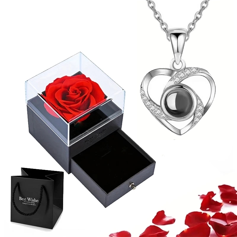 Conjunto de colar de projeção com caixa de presente rosa 100 idiomas eu te amo coração pingente jóias 2024 para presentes namorada dropshipping