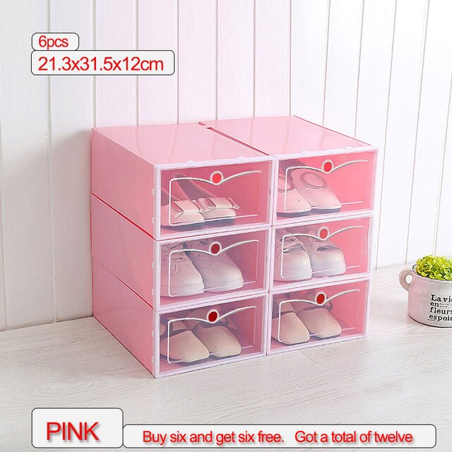 6 /12 pcs Thick Transparent Storage Box Shoe Box Storage Shoe Box Dustproof Shoes Organizer Box Clamshell Type Storage Organizer: pink Buy 6 get 6 S